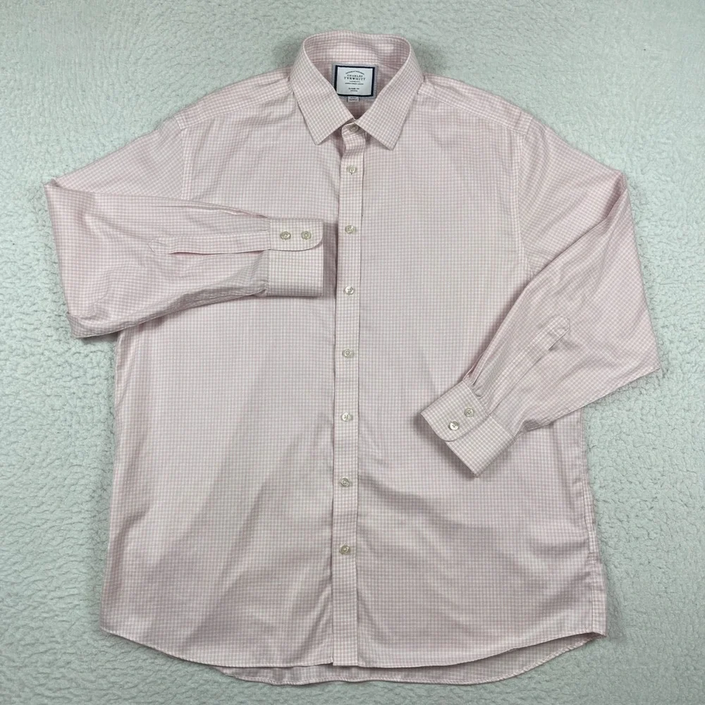 Charles Tyrwhitt Dress Shirt Mens 18/35‎ Pink Micro Check Non Iron Classic Fit